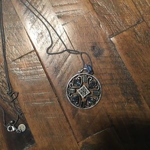 Extra long black gemstone medallion necklace